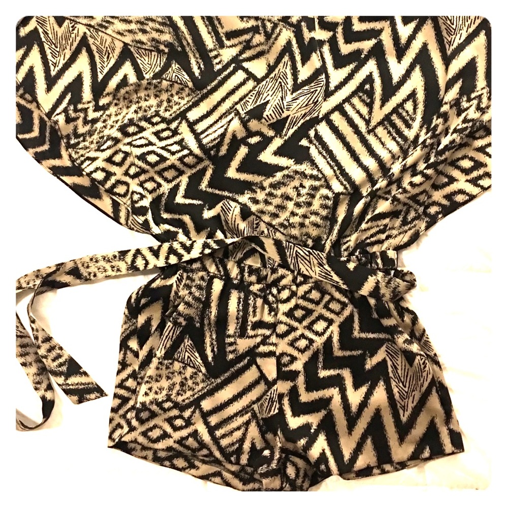 Patterned Kimono Sleeve Romper with Belt